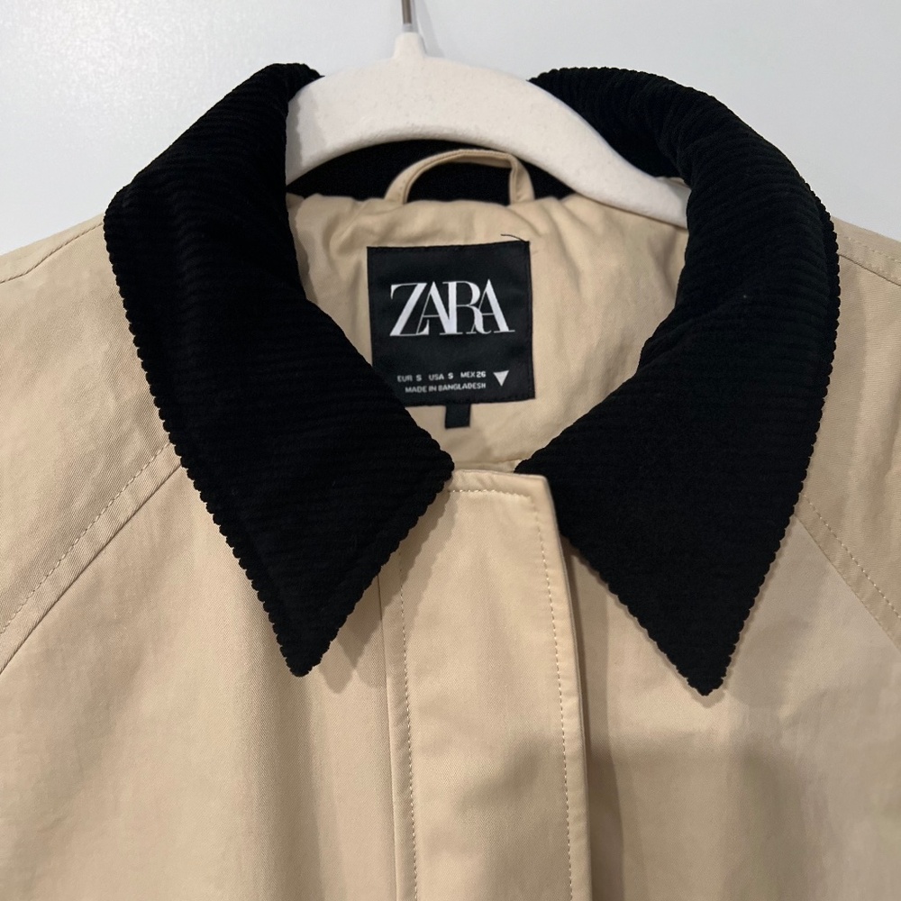 Zara Beige Trench-Style Utility Jacket with Black Collar - Picture 7 of 8
